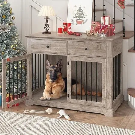 Dog Crate Furniture-44" Wooden Dog Kennel Indoor With 2 Storage Drawers- Heavy Duty Dog Crate Furniture