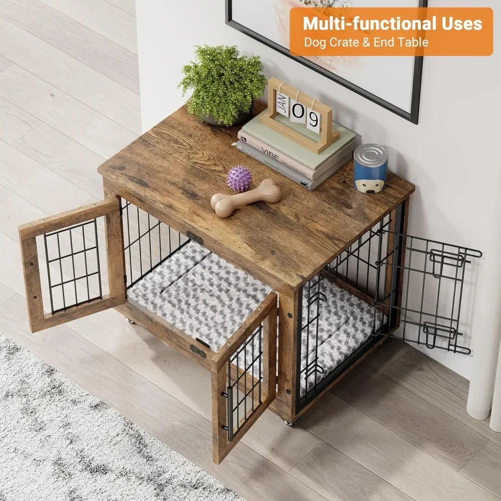 Small Dogs Crate Furniture- Indoor Double Doors Wooden Dogs Crate- 27.1'' Heavy Duty Dog Crate with Cushion & Wheels