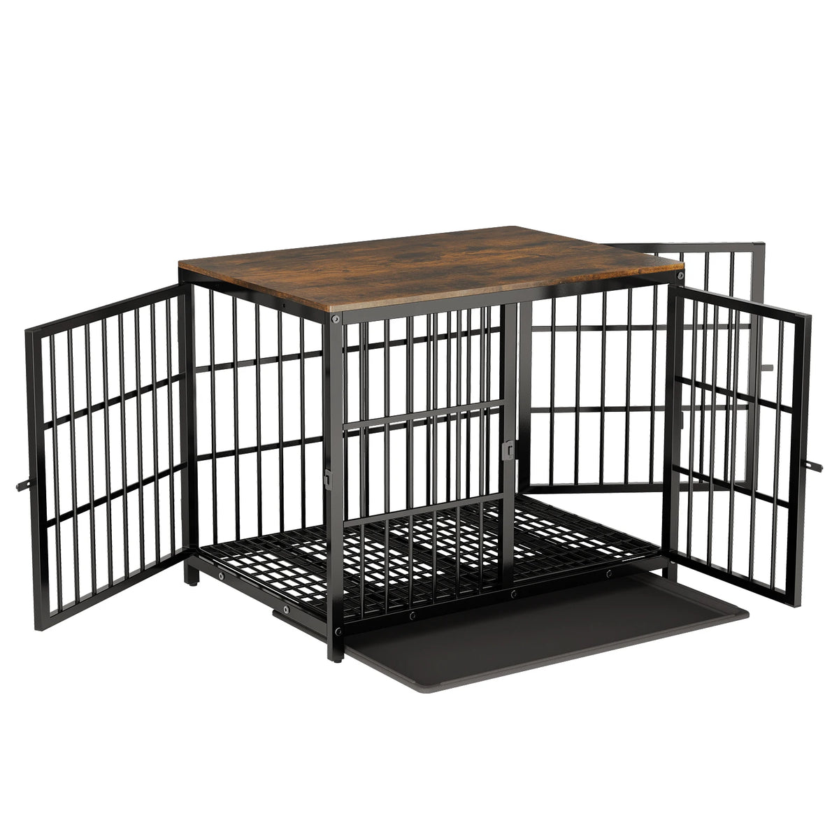 Wooden Dog Crate Furniture w/Metal Frame- Indoor Dog Kennel End Table- Stylish-3 Doors- Removable Tray-Crates