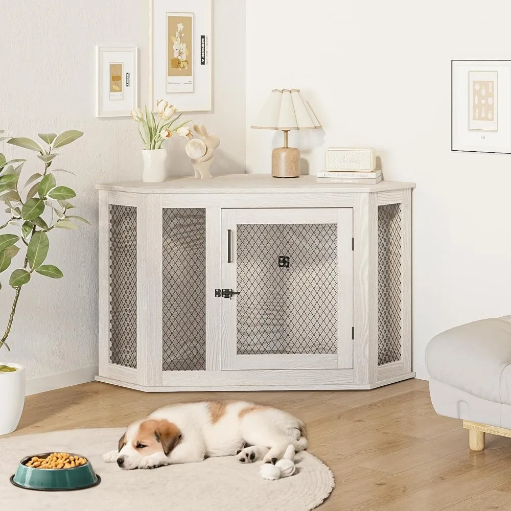 52 inch Corner Dog Crate Furniture- Wooden Dog Kennel End Table with Mesh-Indoor Decorative Pet Crates Side Table
