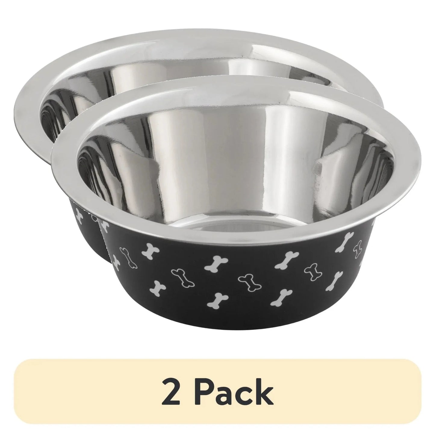 (2 pack) Vibrant Life Medium Stainless Steel Dog Bowl, Black with Bones, 25.75 Fluid Ounces