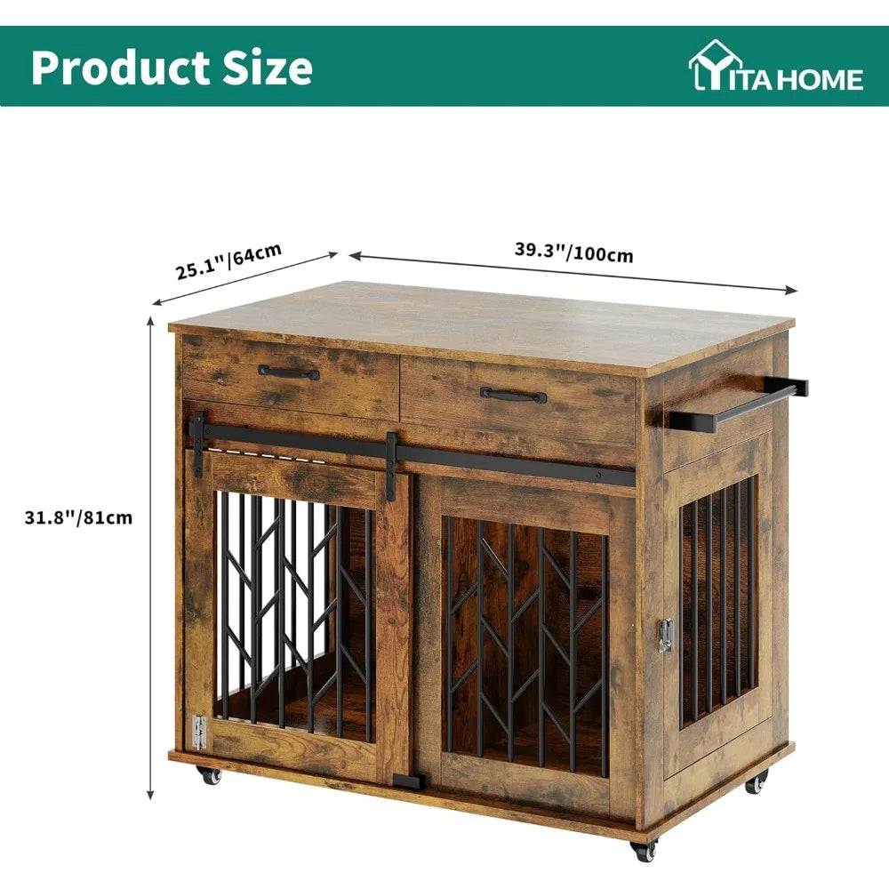 Dog Crate Furniture for 2 Dogs- 39" Wooden Dog Kennel End Table with Wheels and Storage Drawers- Indoor Double Door Dog Crate