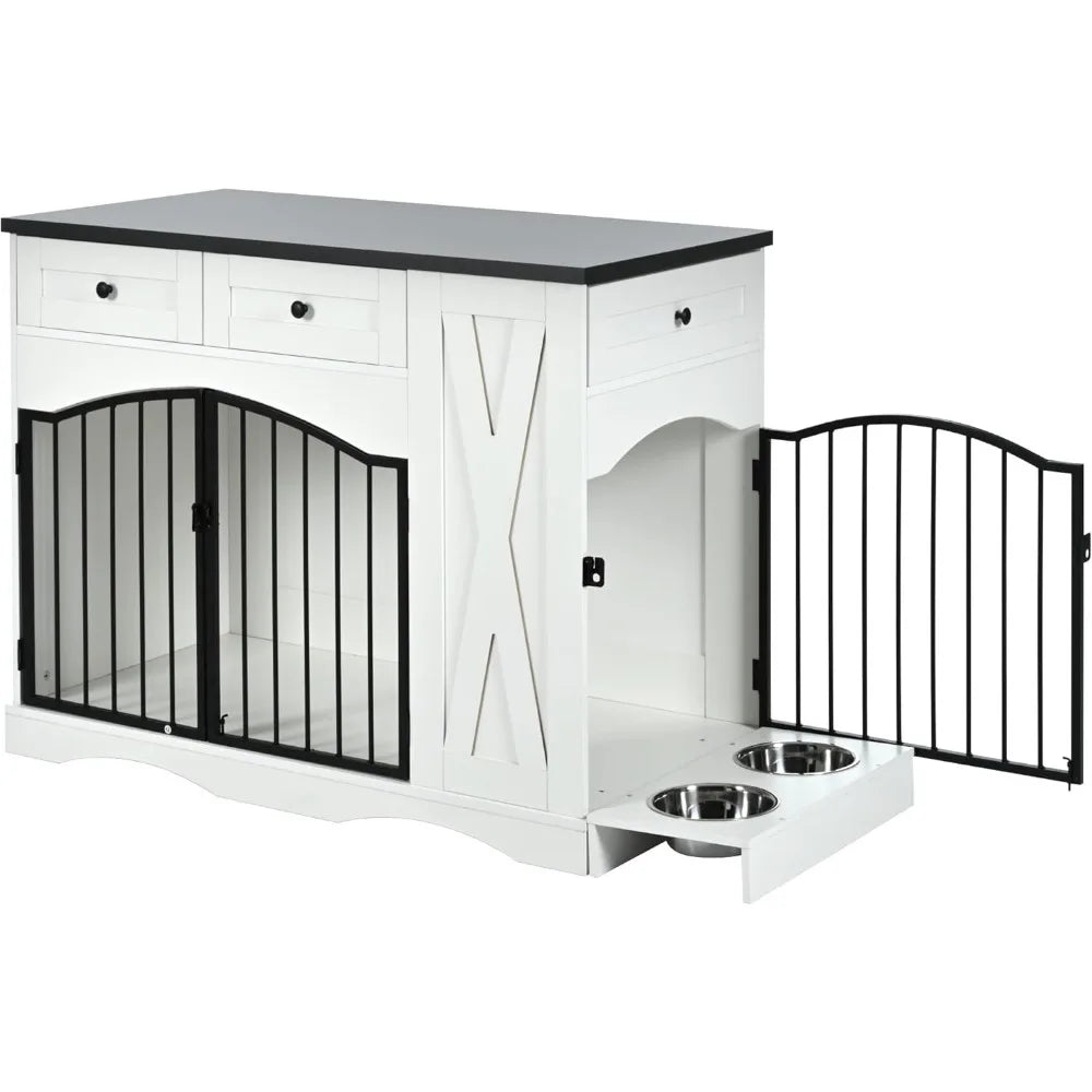 43.3" Dog Crate Furniture for Medium & Large Dogs- Heavy Duty Wooden Dog Kennel with 3 Storage Drawers-Removable Double Feeder