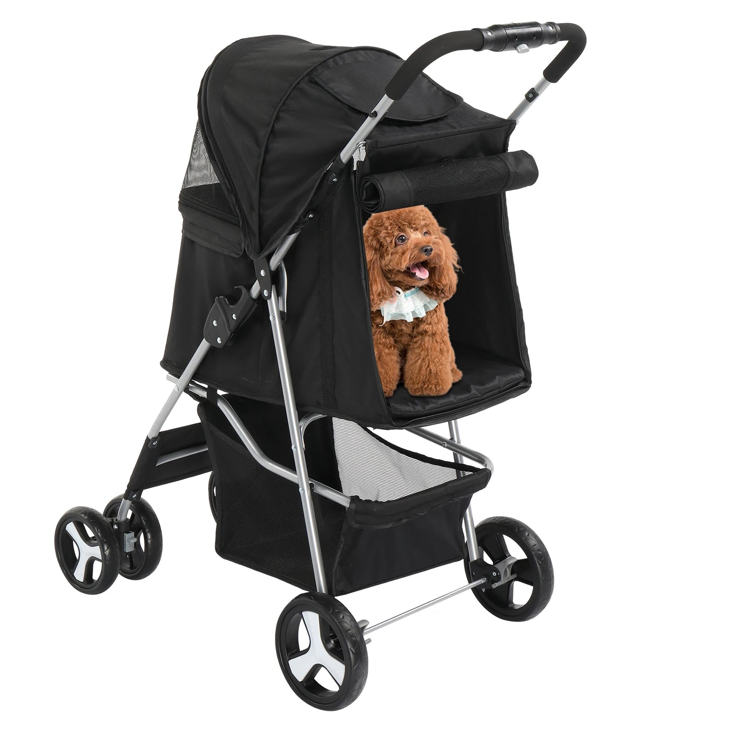 4 Wheels Pet Stroller-Dog Stroller for Small/Medium Pets- Foldable with Cup Holder- Removable Liner- Storage Basket- Black.
