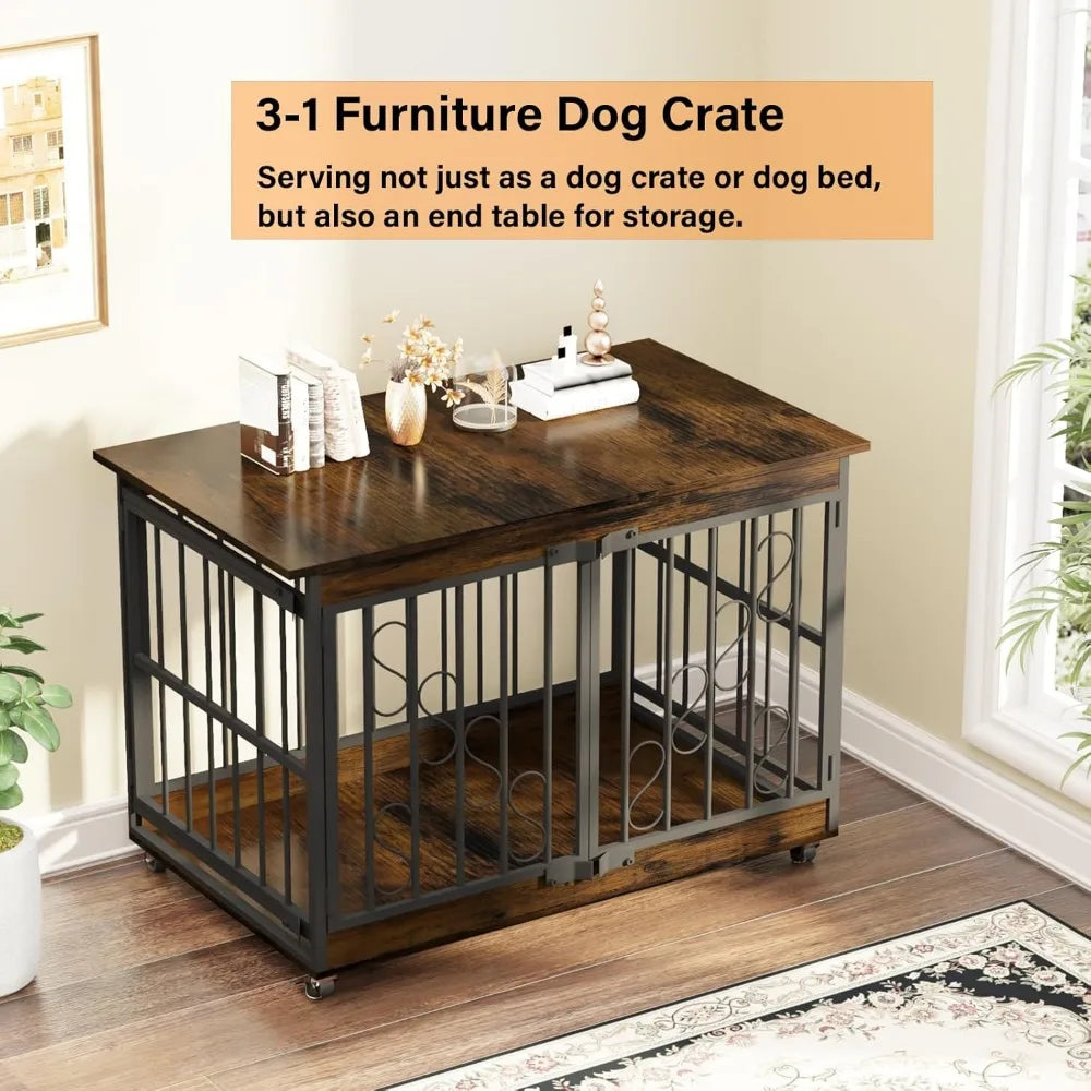 3in1 Furniture Dog Crate-End table, Dog Bed and Crate- 48 Inches Dog Crates - Farmhouse Wood Metal Kennel- Indoor- Heavy Duty