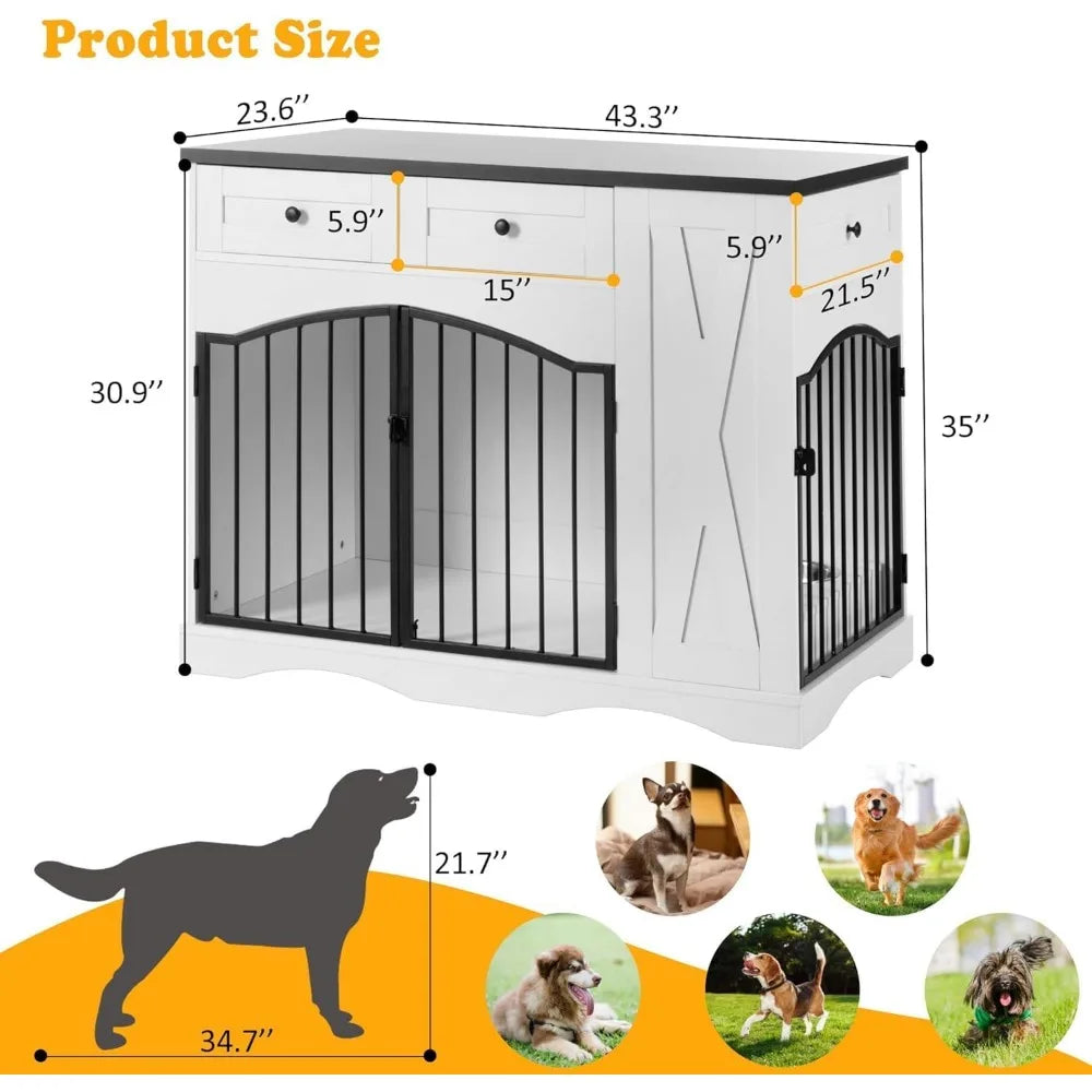43.3" Dog Crate Furniture for Medium & Large Dogs- Heavy Duty Wooden Dog Kennel with 3 Storage Drawers-Removable Double Feeder