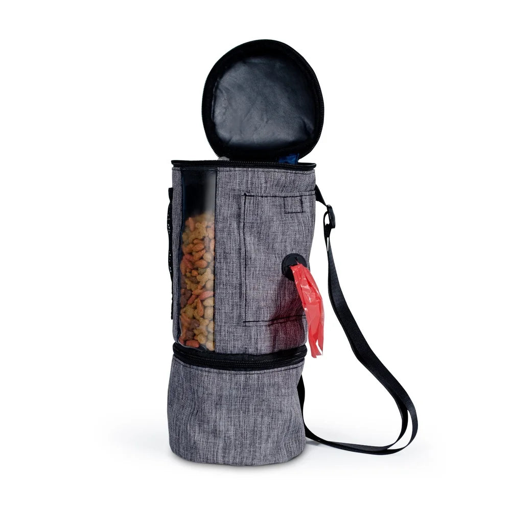 Pet Food Storage Container with Detachable Bowl- 16oz Capacity-Feed-Drink-Poop Bags- Adjustable Strap- Fill Level Window Dogs