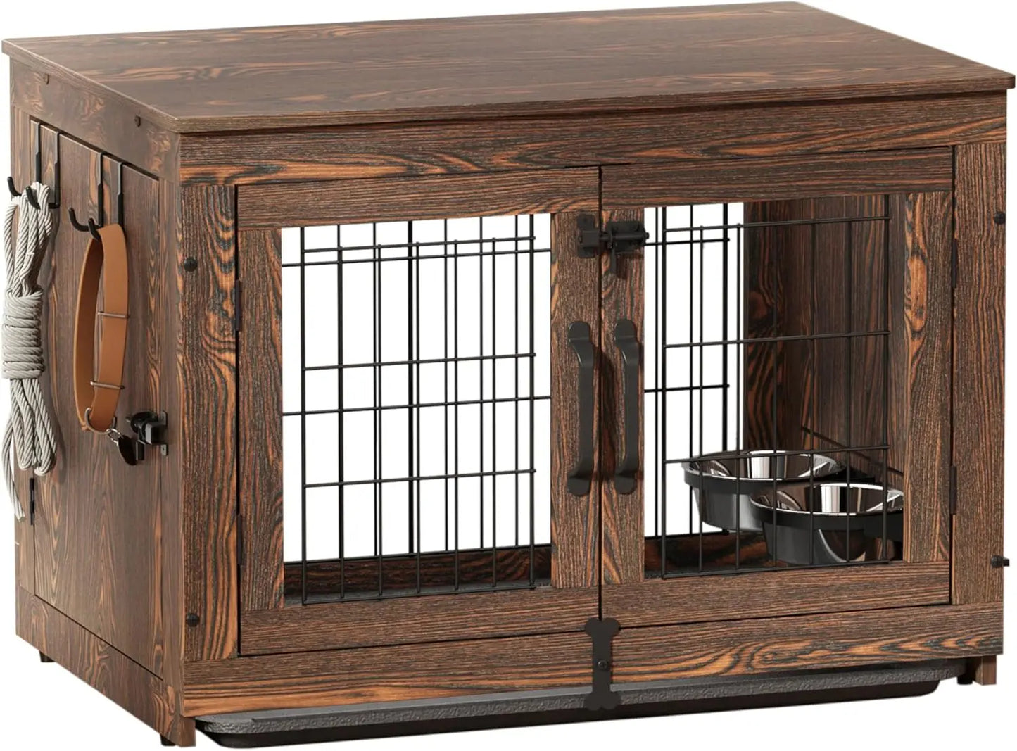 Wooden Dog Crate Furniture with 360°Rotatable Removable Dog Bowls- Dogs Crate End Table with Tray-Double Doors Dogs Kennels