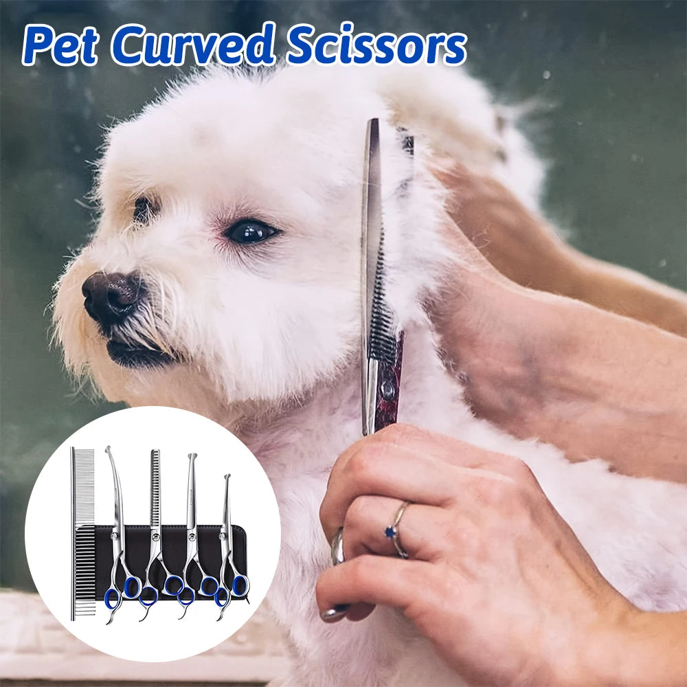 Professional 7 Inch 4CR Stainless Steel Pet Hair Shears- 7Pcs Scissors Set for Pet Dog Grooming