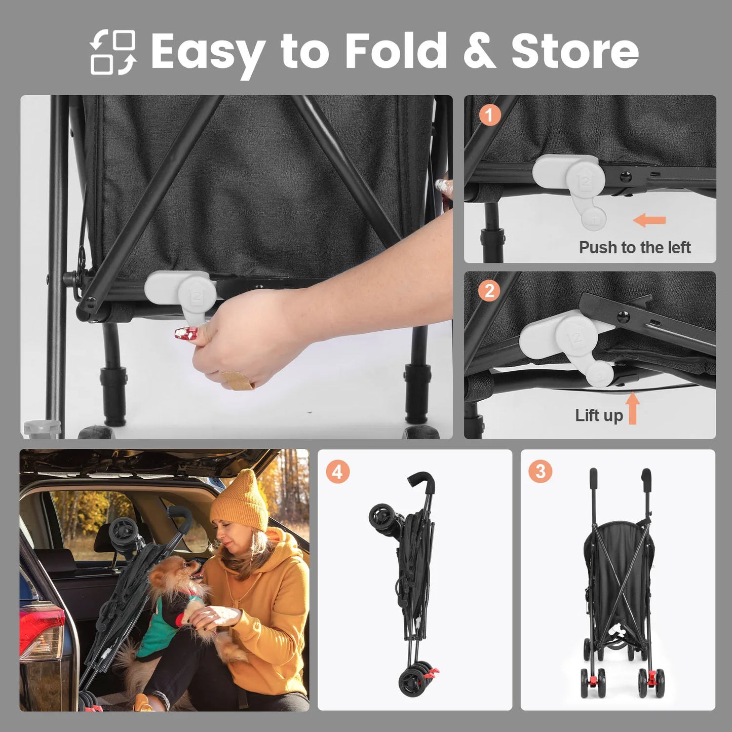 Pet Dog Stroller- 4 Wheels -Puppy Stroller Rotate with Brakes -Storage