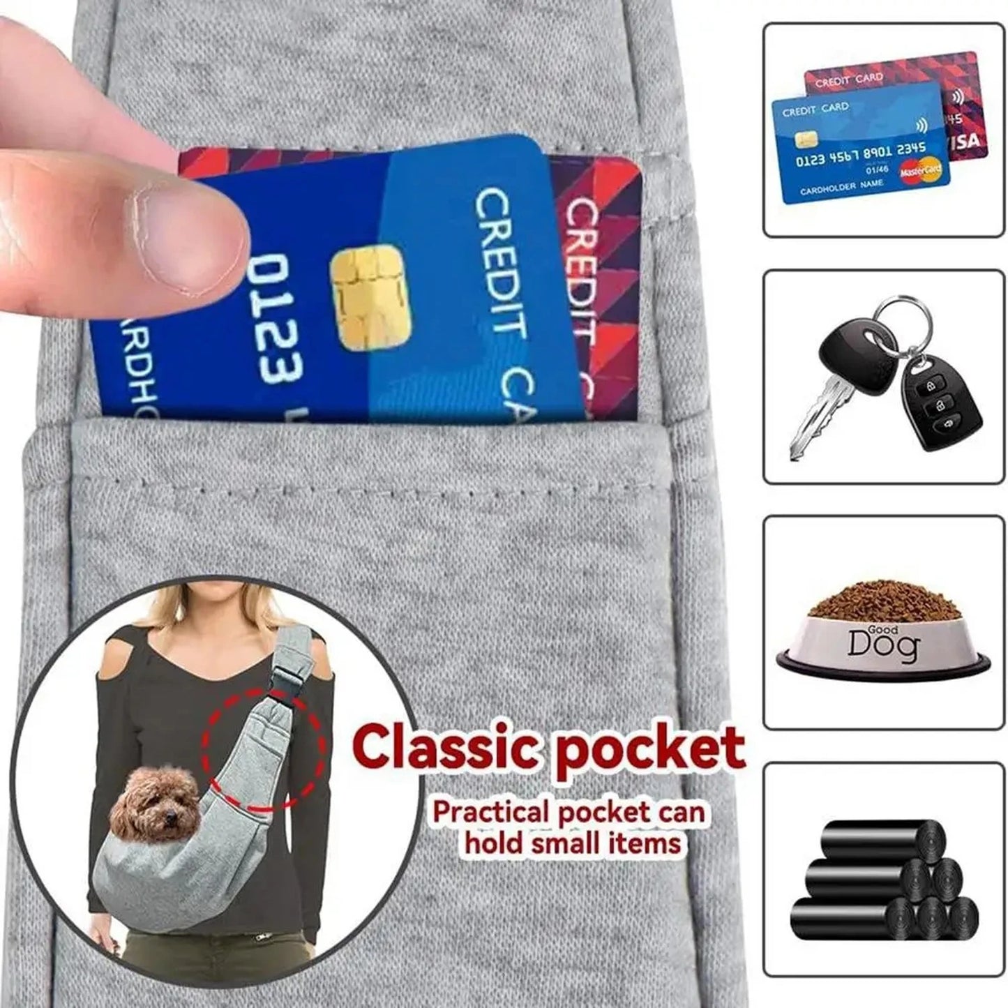 Small Pet Sling Holder- Hands Free-Reversible Paper Plastic Handbag- Dog Sling Carrier- Easy and Portable