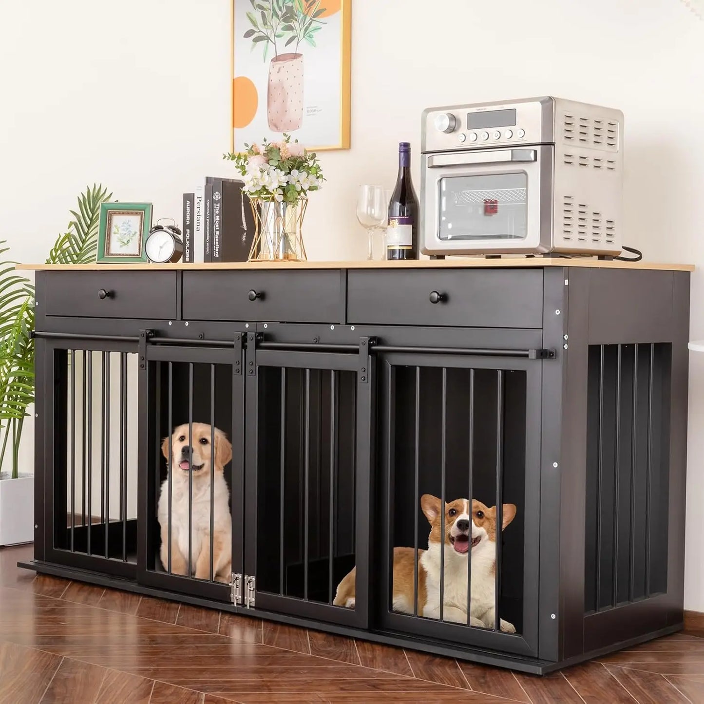 Dog Crate Furniture with Divider-Wooden Dog Kennel- Barn Doors- End Table- Indoor