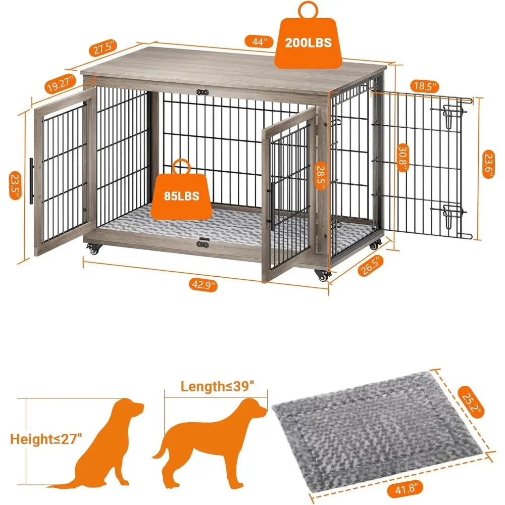 Dogs Crate Furniture with Cushion- Wooden Dogs Kennel Indoor with Double Doors- Wheels-Dog House Side End Table