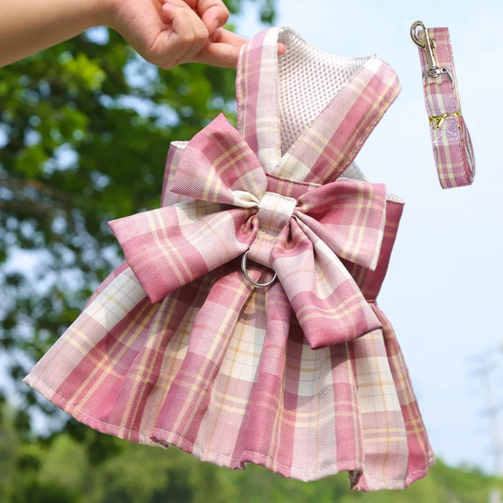 Dog Plaid JK Dress-Reusable with Leash Traction-Thin Dacron- Harness Skirt- Adjustable -Washable-Costumes/Apparel