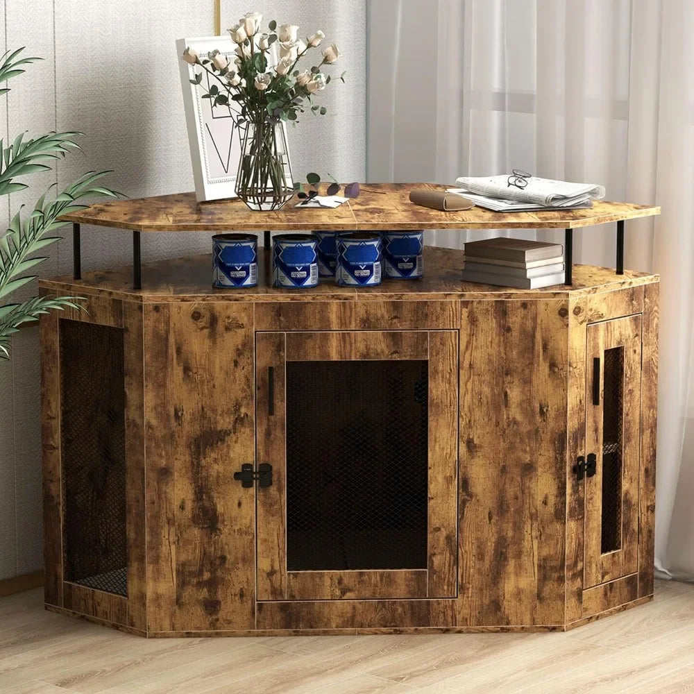 Corner Dog Crate with Cushion-52" L Furniture Style Wooden Dog Kennel -,Indoor Dog House with Storage Shelf