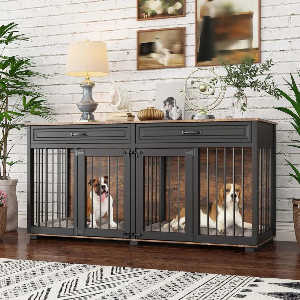 Furniture Style Dog Crate- 64.6" Wooden Multiple Dog Kennel with Drawers & Divider- Indoor Dog House Furniture with Double Rooms