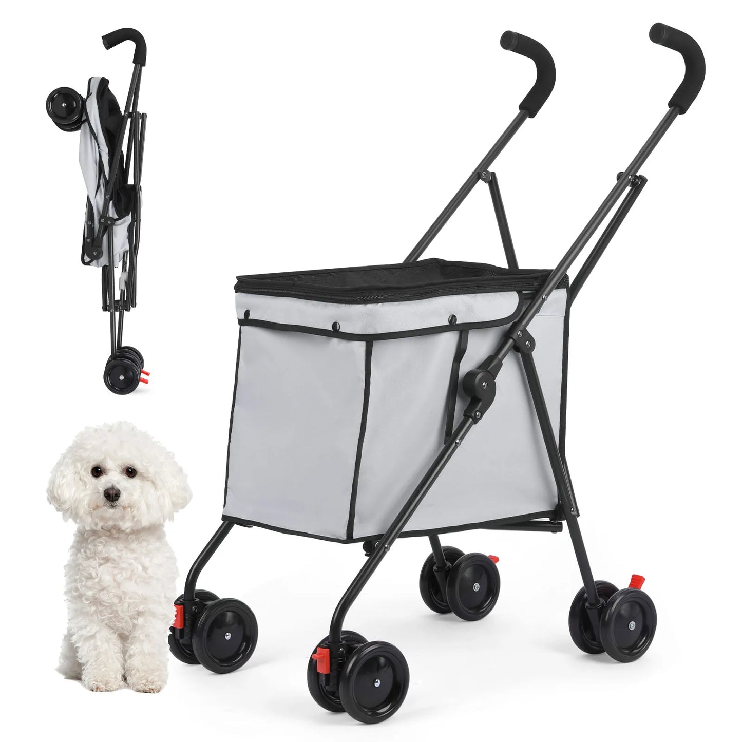 33lbs 4 Wheels Dog Stroller- Rotate- Travel Hand Cart Folding Shopping Trolley-Pink