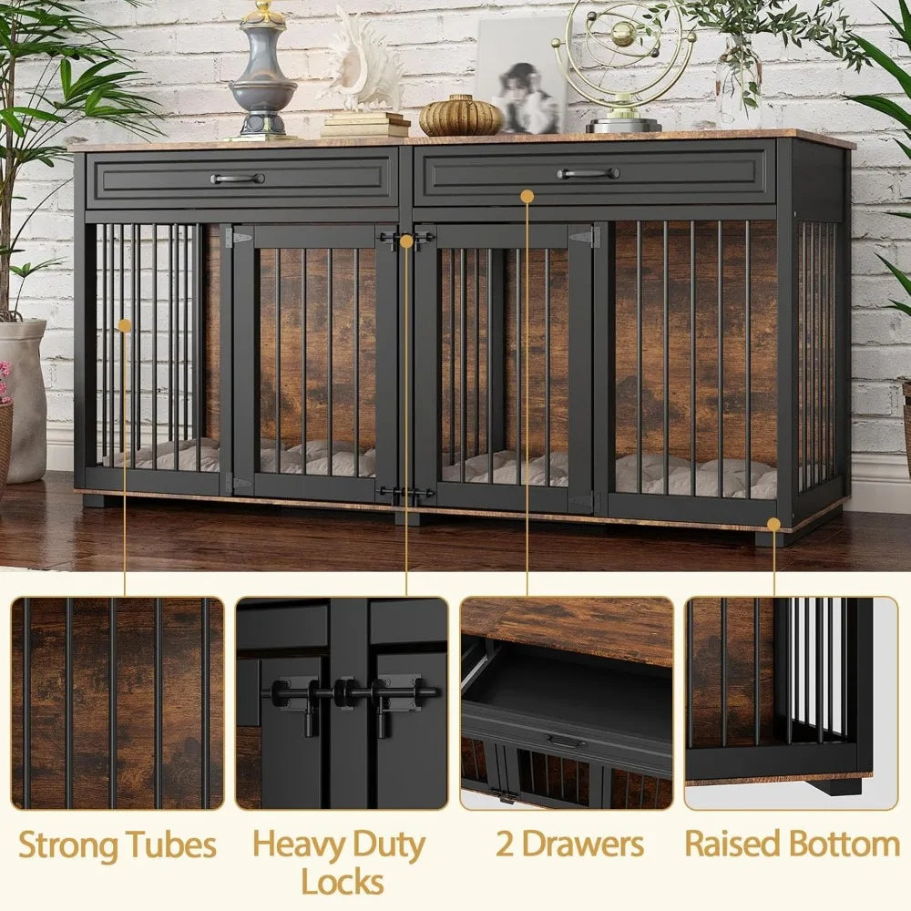 Furniture Style Dog Crate- 64.6" Wooden Multiple Dog Kennel with Drawers & Divider- Indoor Dog House Furniture with Double Rooms