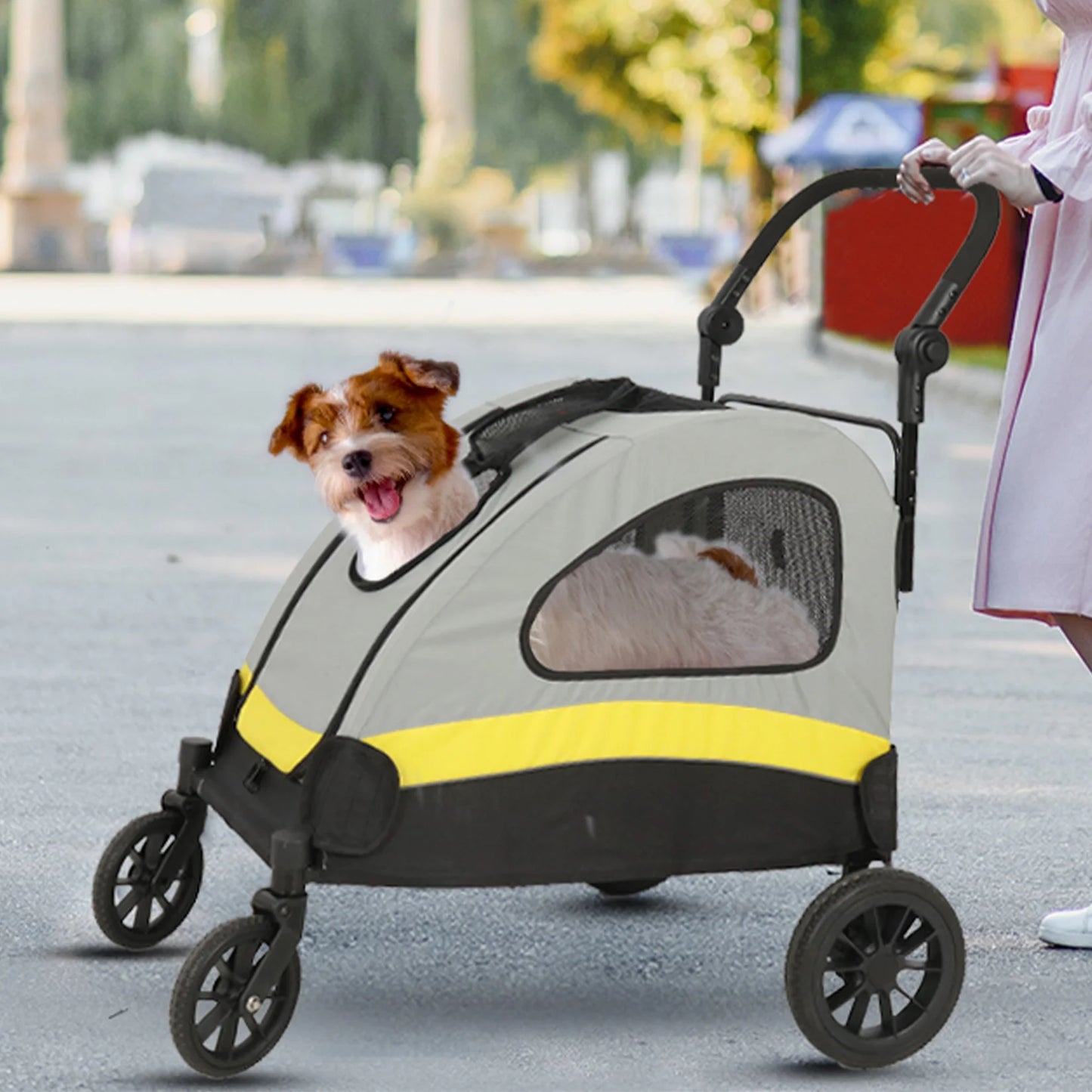 Portable Dog Stroller- Pet Jogger Wagon- Foldable Cart -Travel Trolley Cart- 4 Wheels- 3 Mesh Window- Adjustable Handle-for Small Breeds