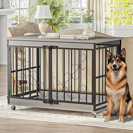 3in1 Furniture Dog Crate-End table, Dog Bed and Crate- 48 Inches Dog Crates - Farmhouse Wood Metal Kennel- Indoor- Heavy Duty