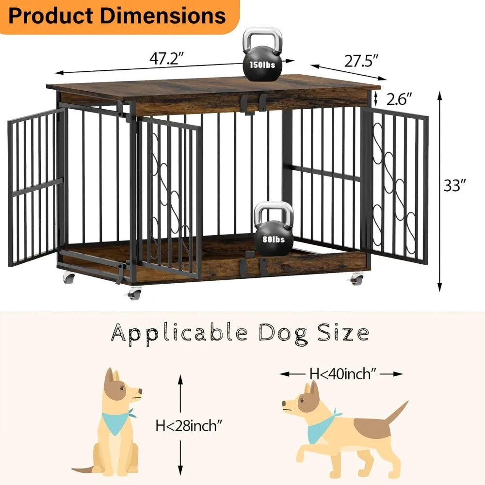 3in1 Furniture Dog Crate-End table, Dog Bed and Crate- 48 Inches Dog Crates - Farmhouse Wood Metal Kennel- Indoor- Heavy Duty