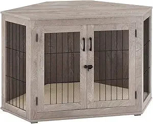 Furniture Corner Dog Crate- Wooden End Table with Cushion- Indoor Pet Crate- Side Table for Small Medium Dogs