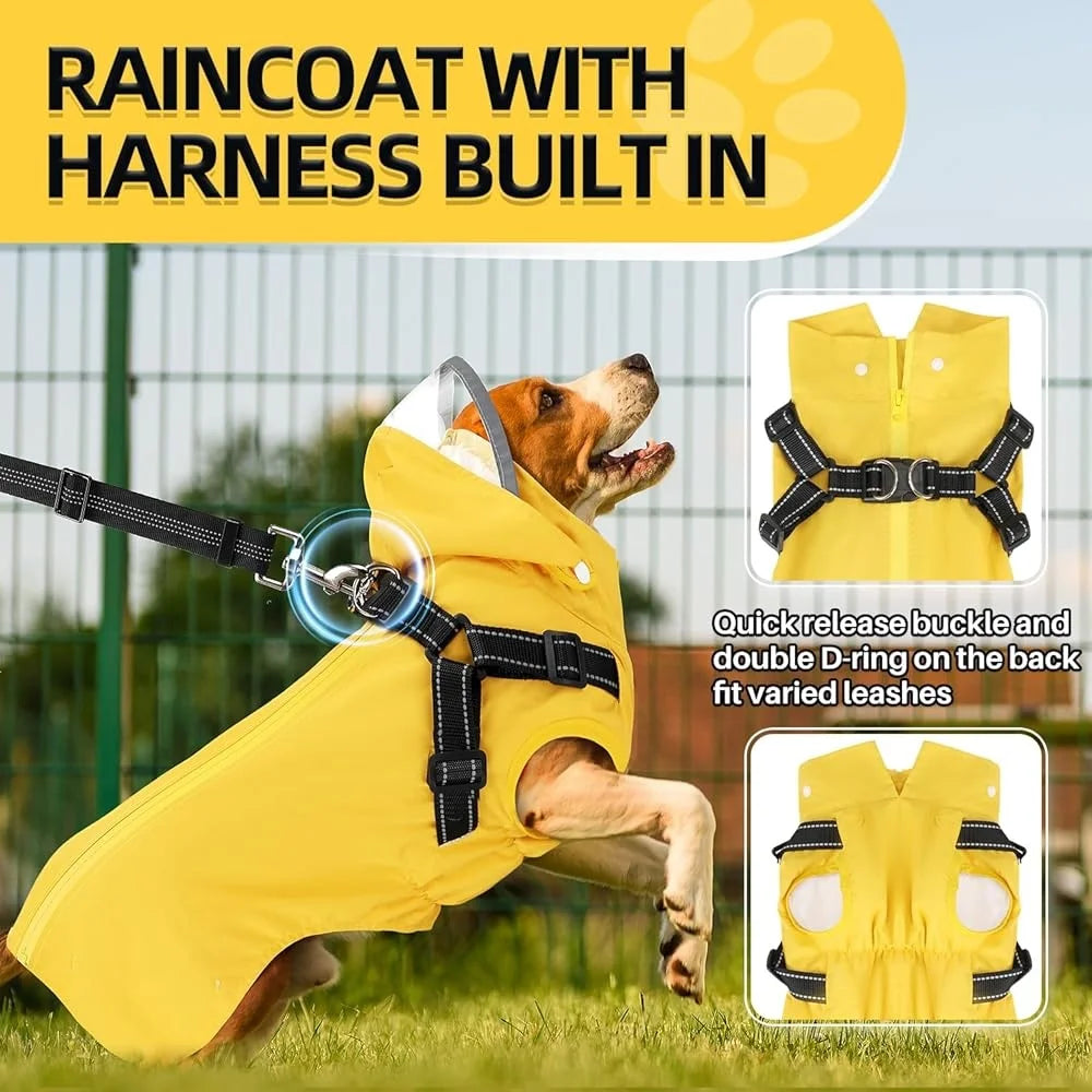 Waterproof Dog Raincoat with Harness Removable Hood Reflective Double Layer Jacket Small Medium Large Dogs Adventure Outdoor size S