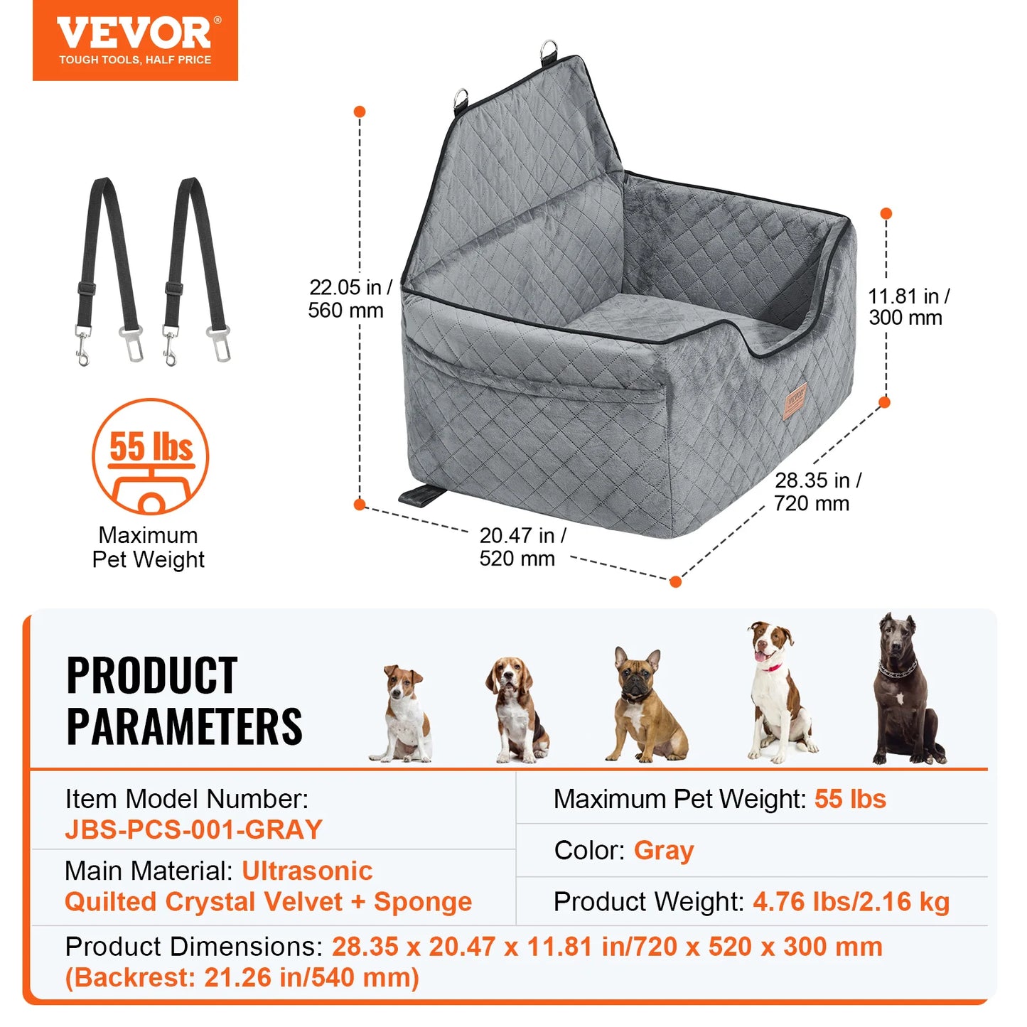 Dog Car Seat- Dog Booster Seat for Car with A Storage Pocket- Sponge Filling Car Bed for Medium Dogs- Gray