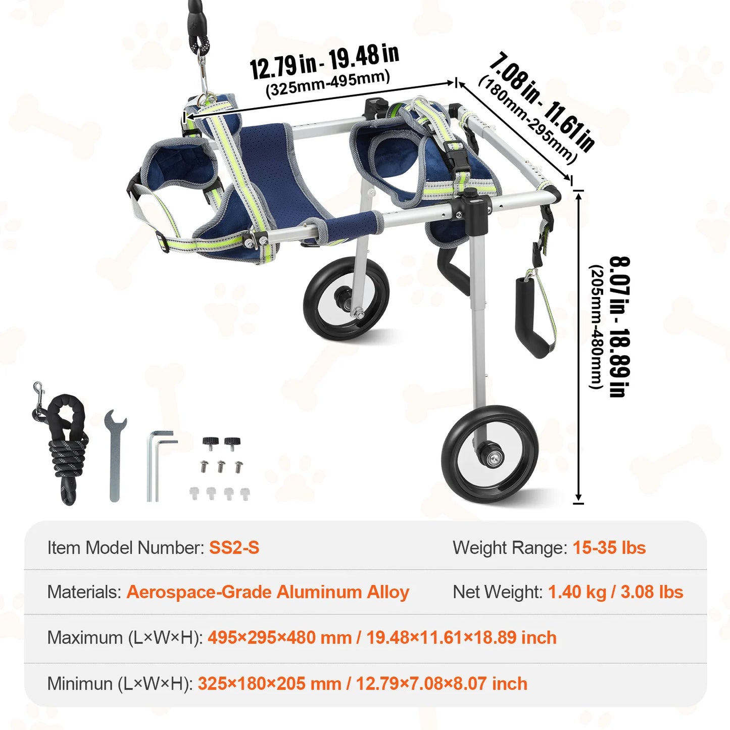 VEVOR 2 Wheels Dog Wheelchair for Back Legs -Pet Wheelchair Dog Cart/Wheelchair for Injured Disabled Paralysis Hind Limb Weak Pet