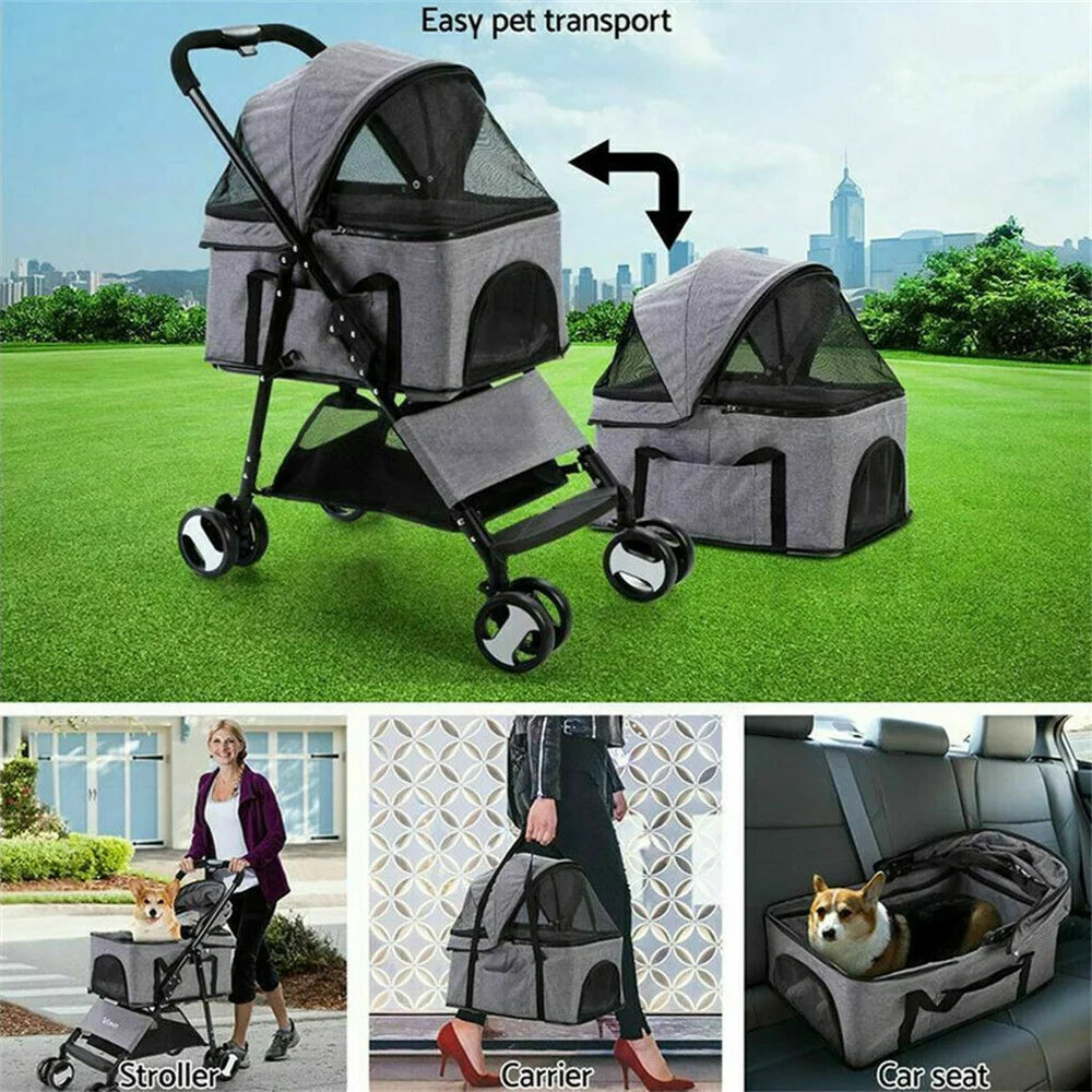 Pet Dog Stroller- Foldable Travel Carrier- Jogger Dog Pram with 4 Wheels and Rain Cover