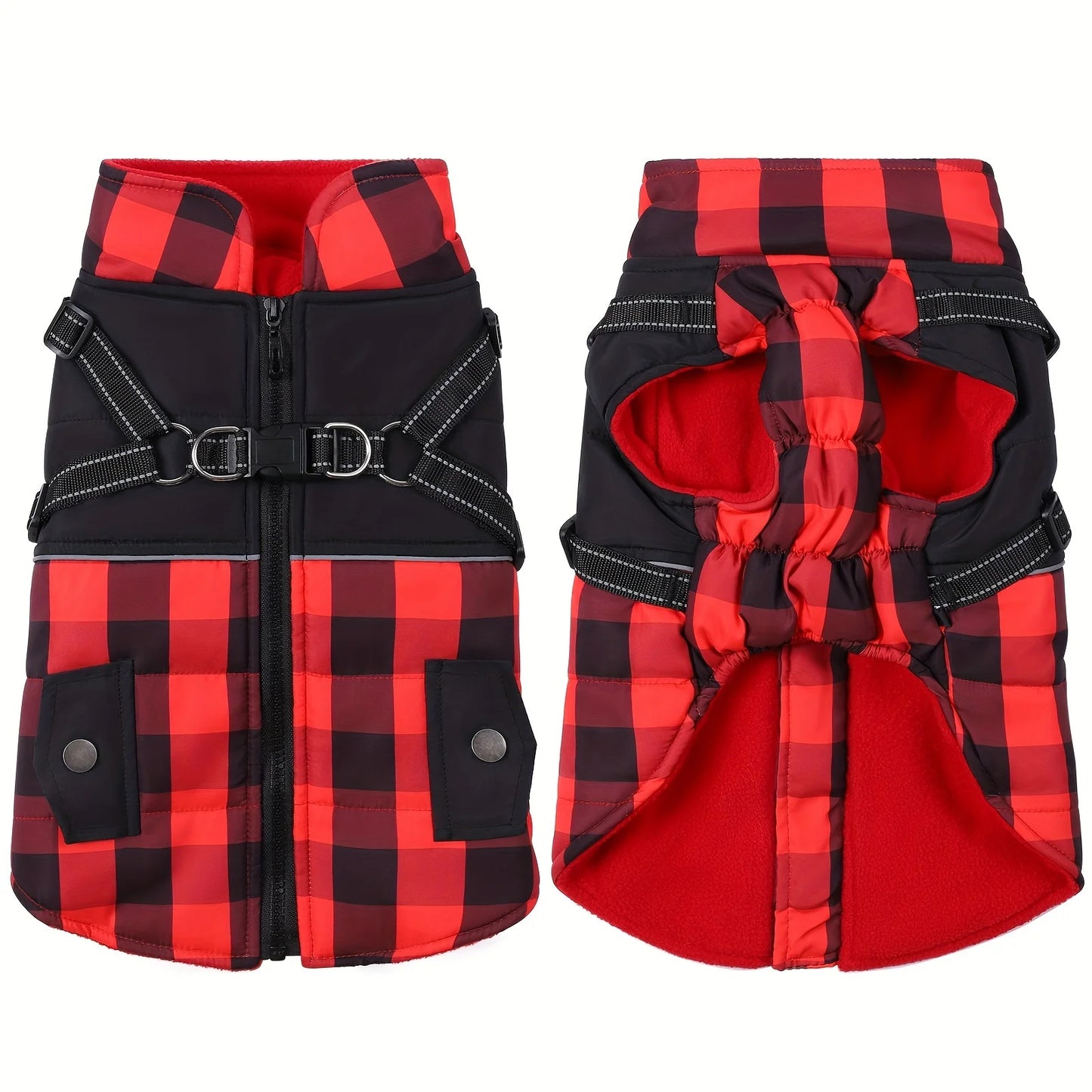Plaid Thicken Padded Pet Dog Jacket With Harness For Cold Weather -Windproof Winter Dog Jacket Coat- For Small Medium Large Dog
