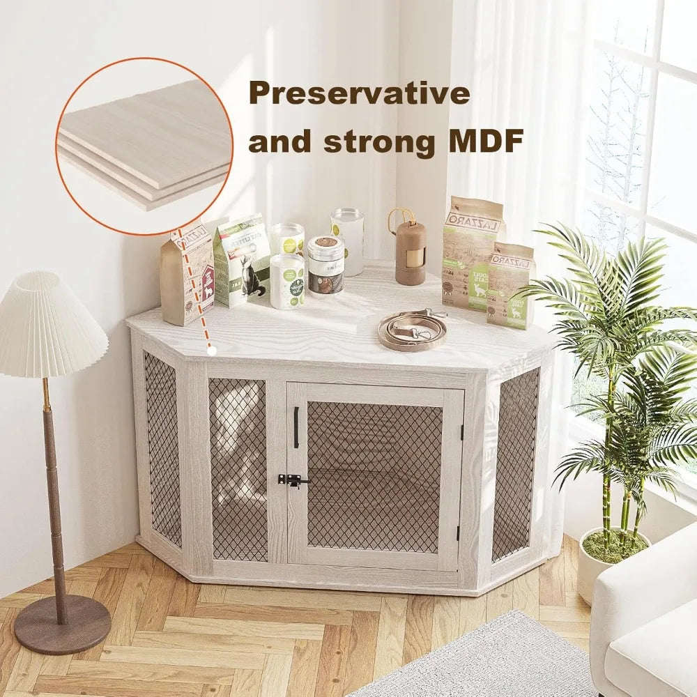 52 inch Corner Dog Crate Furniture- Wooden Dog Kennel End Table with Mesh-Indoor Decorative Pet Crates Side Table