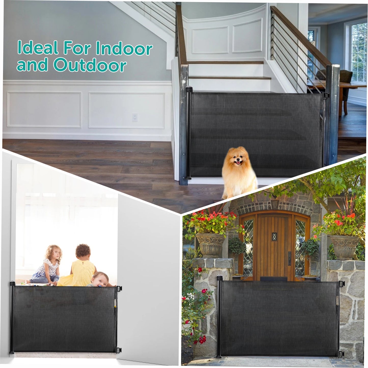 Retractable Pet Dog Mesh Fence- Baby Safety Gate- 34 inch Tall Extends to 61 inch Wide -Indoor Outdoor Safety Barrier