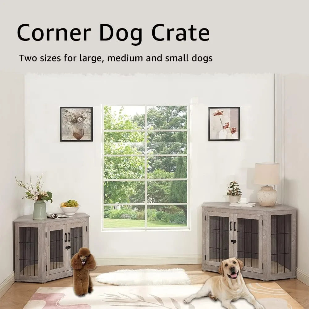 Furniture Corner Dog Crate- Wooden End Table with Cushion- Indoor Pet Crate- Side Table for Small Medium Dogs