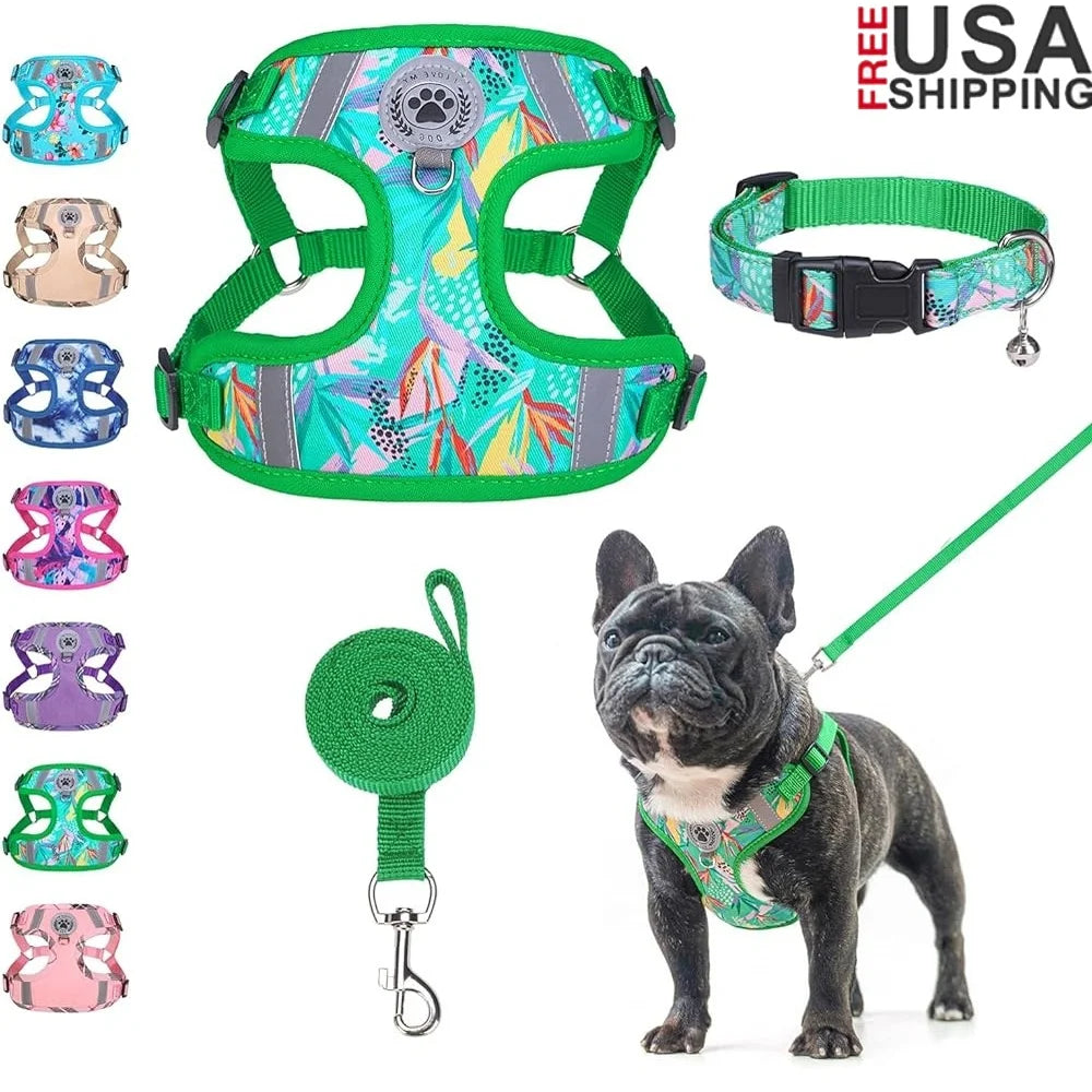 No Pull Dog Harness Collar Leash Set Step In Adjustable Mesh Reflective Soft Small Medium Large Breeds