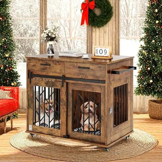 Dog Crate Furniture for 2 Dogs- 39" Wooden Dog Kennel End Table with Wheels and Storage Drawers- Indoor Double Door Dog Crate
