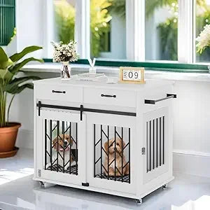 Dog Crate Furniture for 2 Dogs- 39" Wooden Dog Kennel End Table with Wheels and Storage Drawers- Indoor Double Door Dog Crate