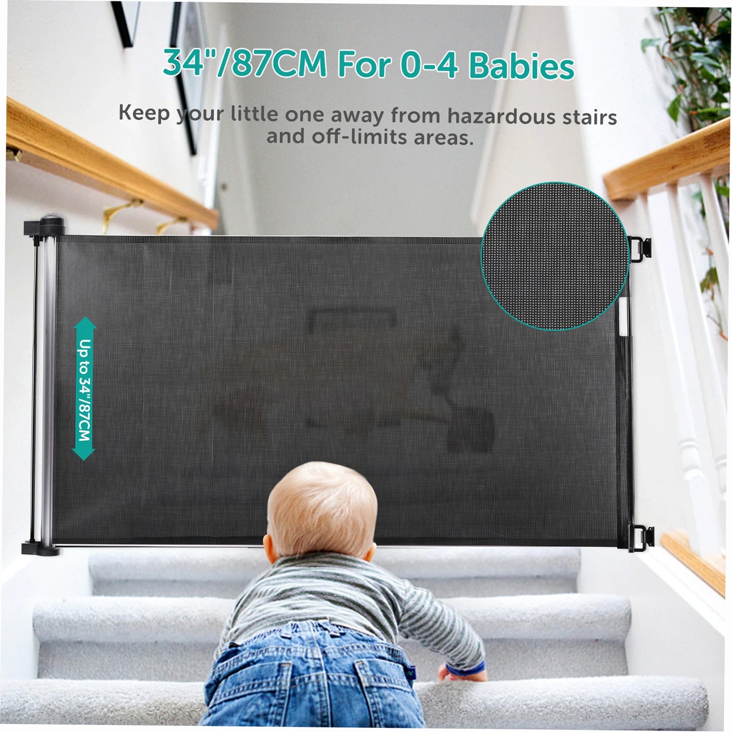Retractable Pet Dog Mesh Fence- Baby Safety Gate- 34 inch Tall Extends to 61 inch Wide -Indoor Outdoor Safety Barrier