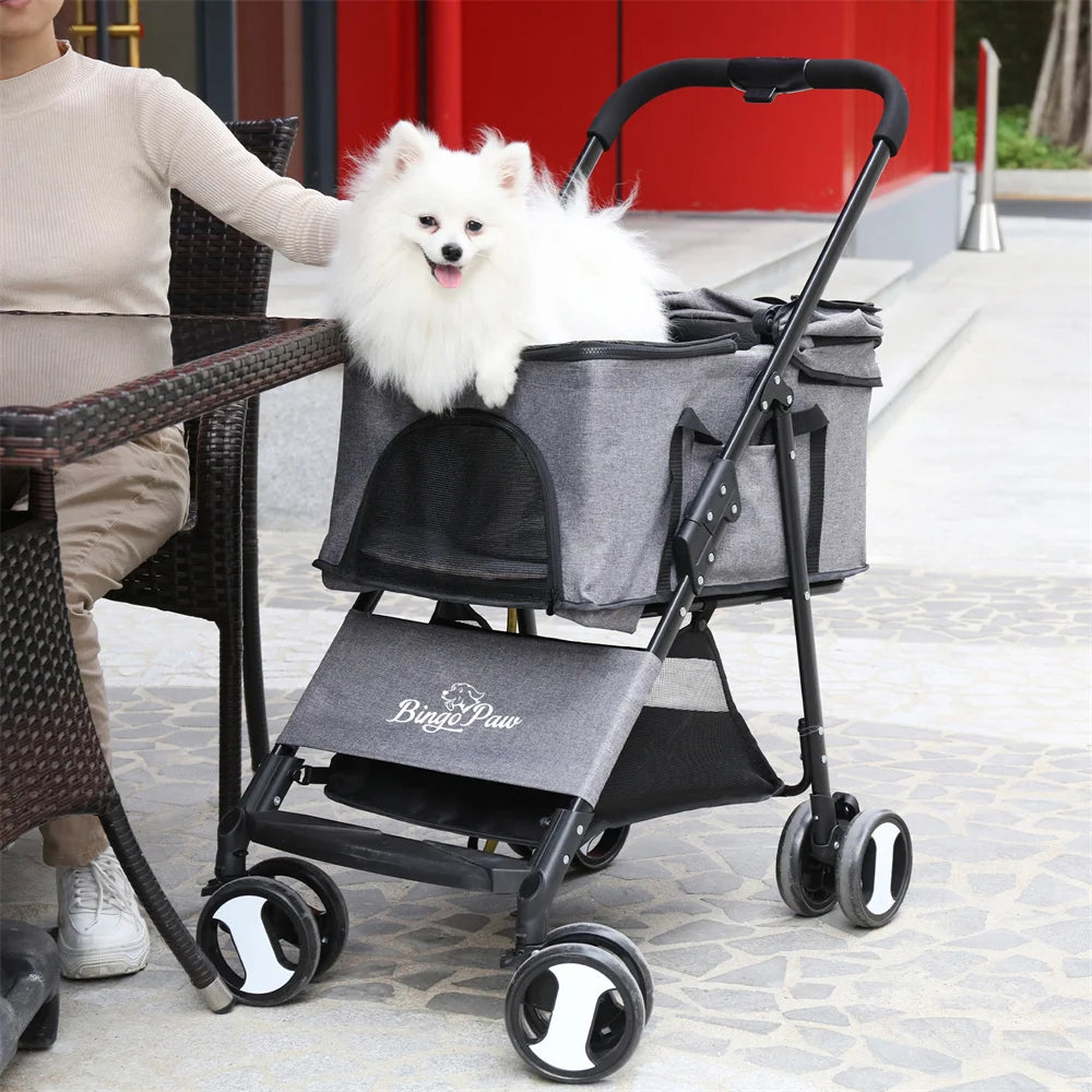 Pet Dog Stroller- Foldable Travel Carrier- Jogger Dog Pram with 4 Wheels and Rain Cover