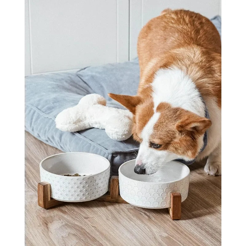 Ceramic Dog Bowl Set with Acacia Wood Stand- 3 Cups Dog Food and Water Bowl for Small Medium Sized, Pet Bowls