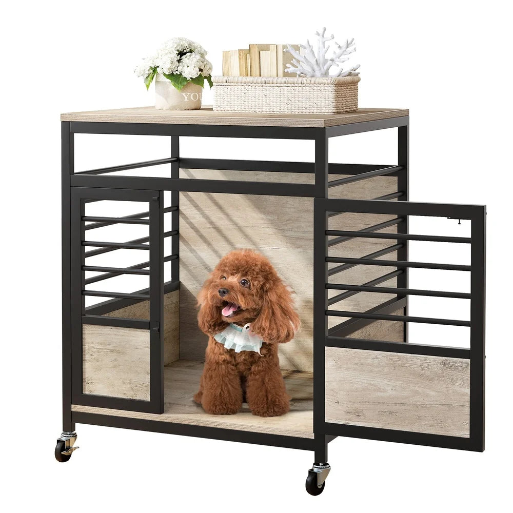 Wooden Dog Crate with Wheels- Stylish Indoor Pet Kennel- Heavy Duty- Chew-Proof- Portable Assembly Small Medium Dogs