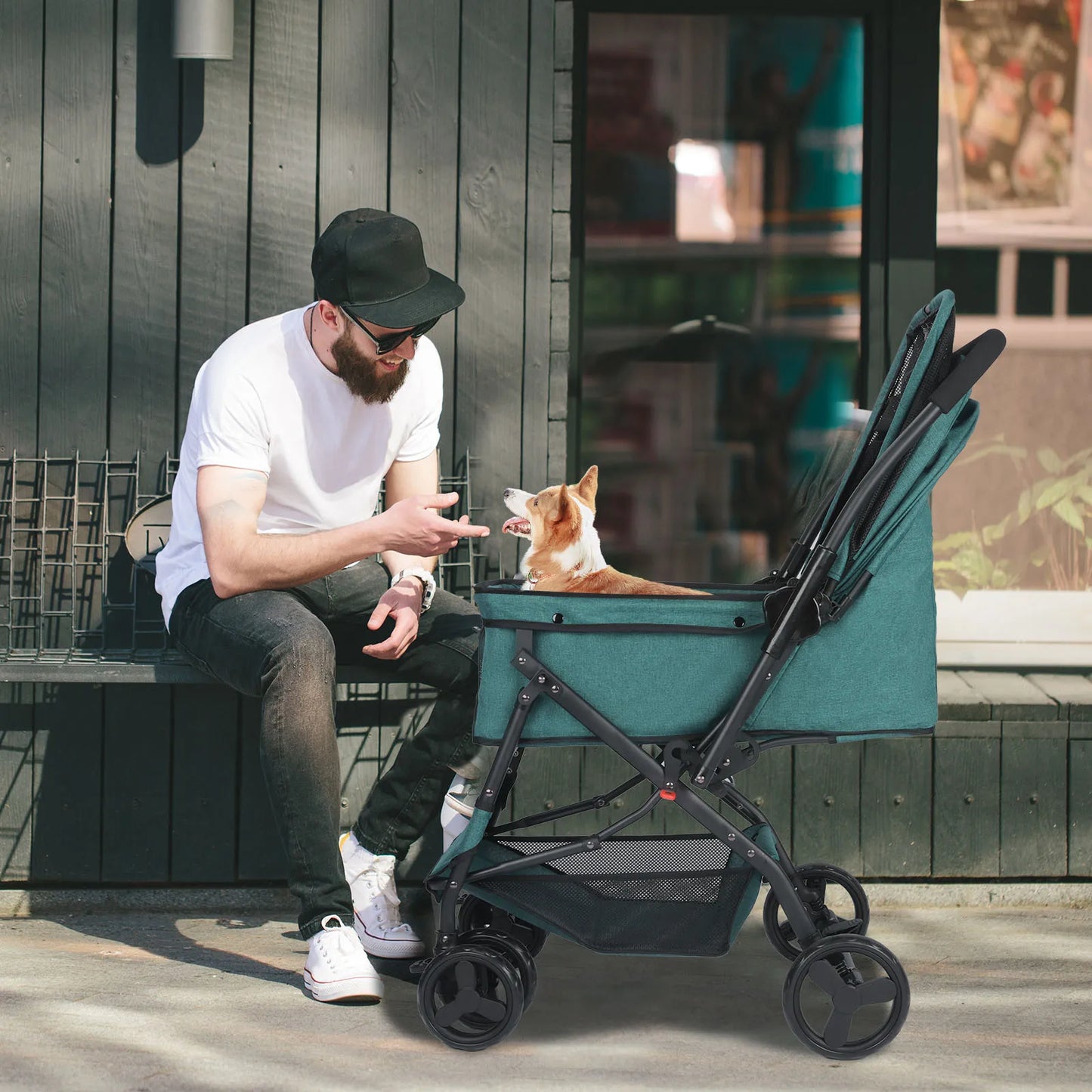 Dog Stroller- Pet Stroller for Medium Size Dogs with Poop Bags- Reversible Handlebar- Tethers- Storage Basket and Pouch-Pet Strollers