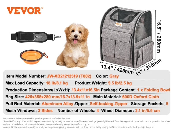 SucceBuy Pet Carrier -Breathable- Carry Backpack with Telescopic Handle Wheels and Shoulder Strap for Travel Trip-Pet Strollers