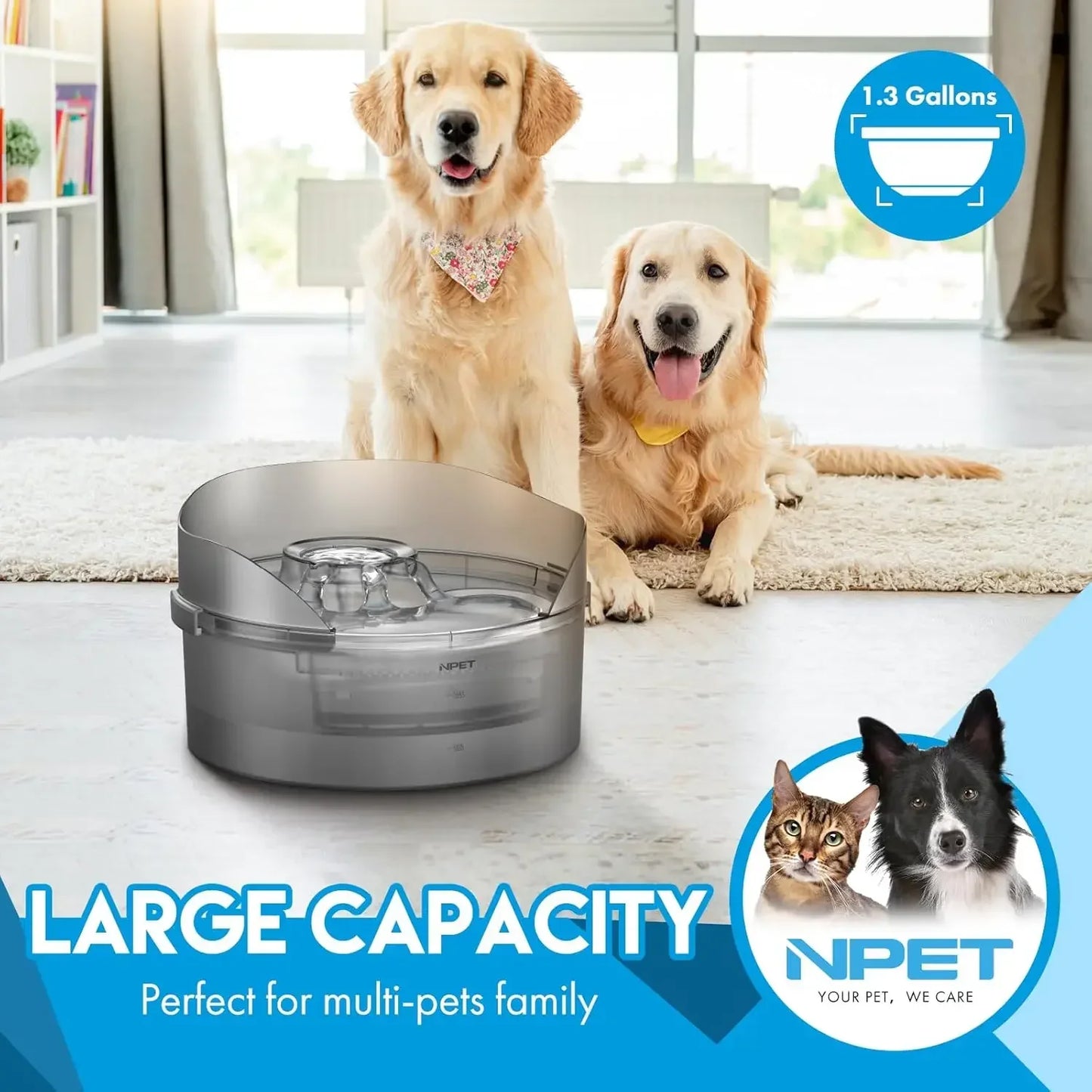 NPET DF10-SG Dog Water Fountain-1.3 Gallon/170oz/5L Large Automatic Dog Water Bowl with Splatter Guard