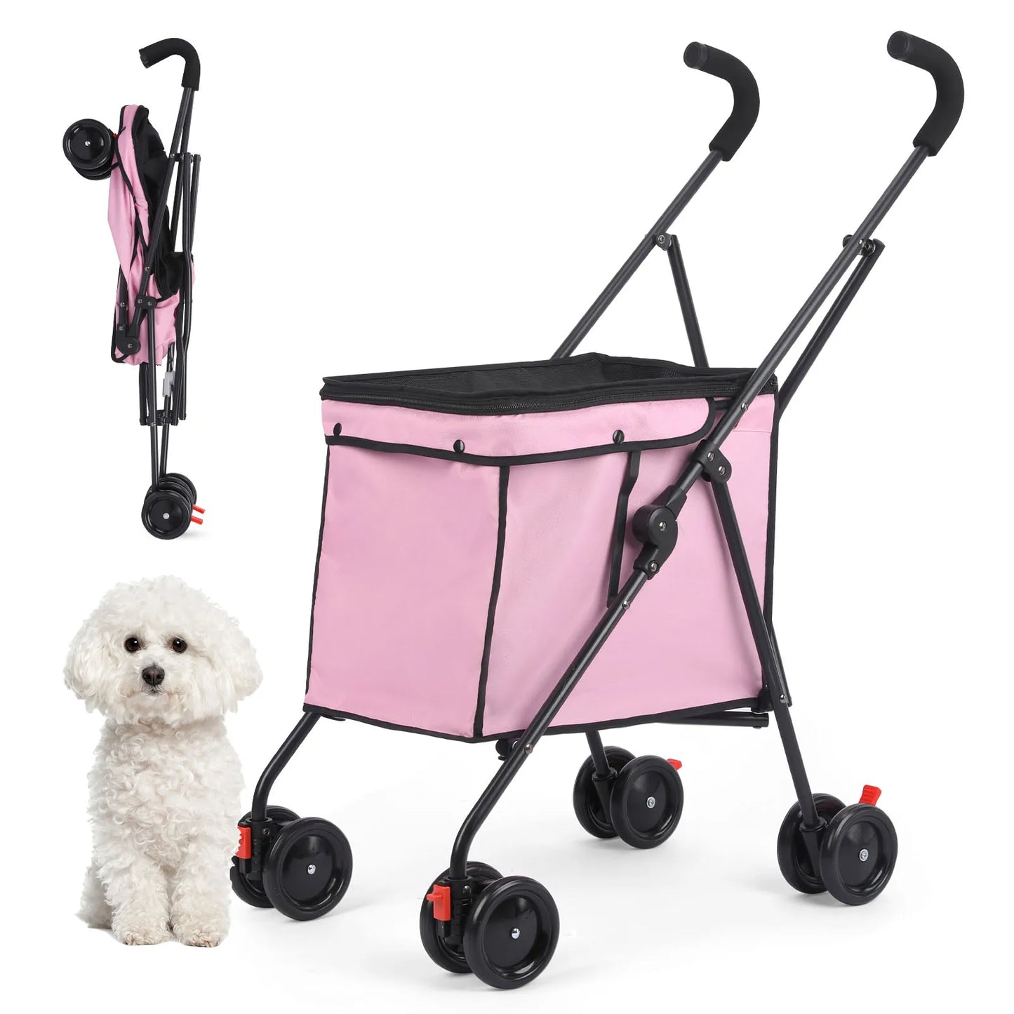 33lbs 4 Wheels Dog Stroller- Rotate- Travel Hand Cart Folding Shopping Trolley-Pink