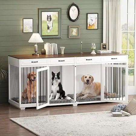 Extra Large Furniture Style Dog Crate- 93" Heavy Duty Wooden Dog Kennel with Drawers & Removable Divider-Indoor Luxury