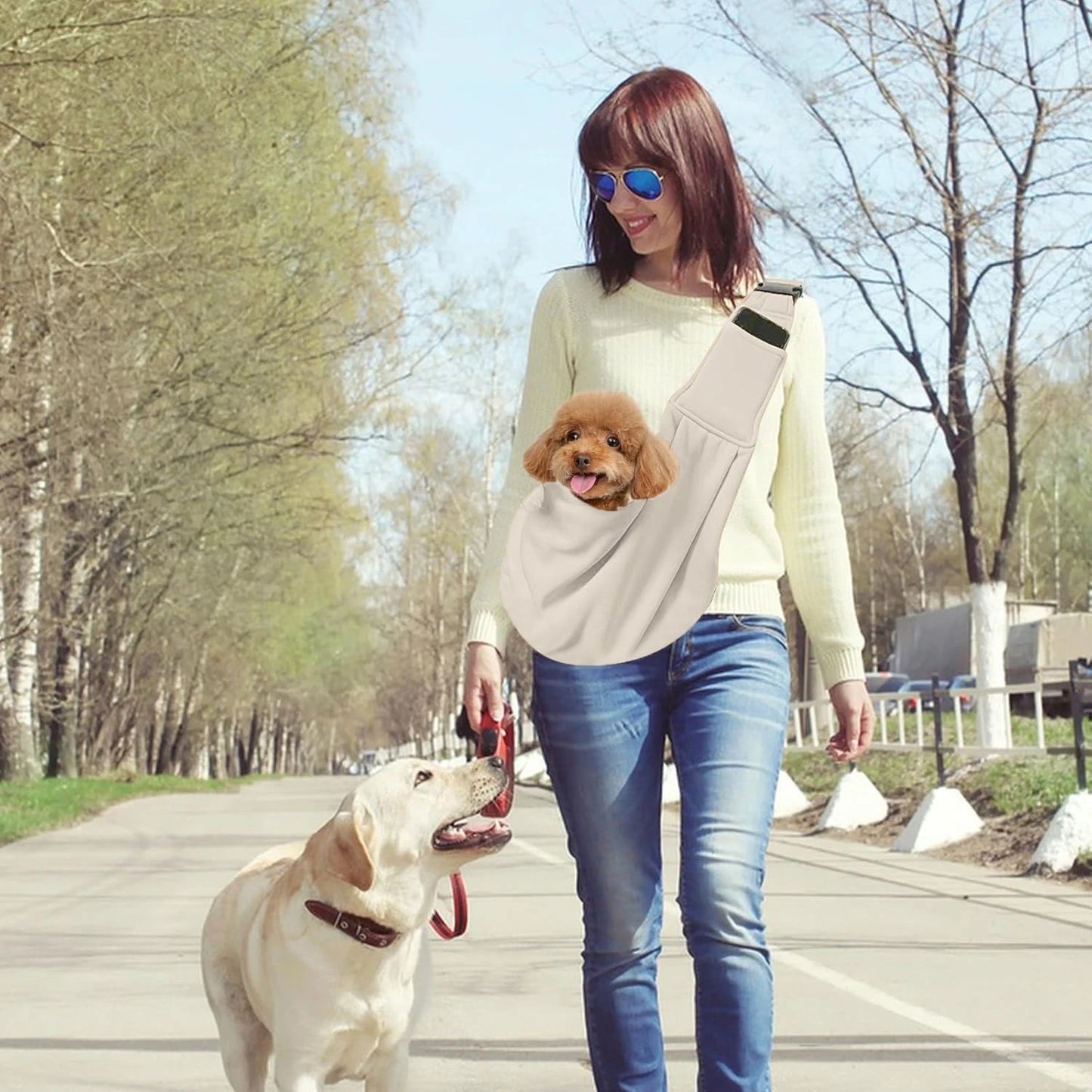 Small Pet Sling Holder- Hands Free-Reversible Paper Plastic Handbag- Dog Sling Carrier- Easy and Portable