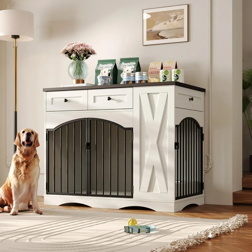 43.3" Dog Crate Furniture for Medium & Large Dogs- Heavy Duty Wooden Dog Kennel with 3 Storage Drawers-Removable Double Feeder