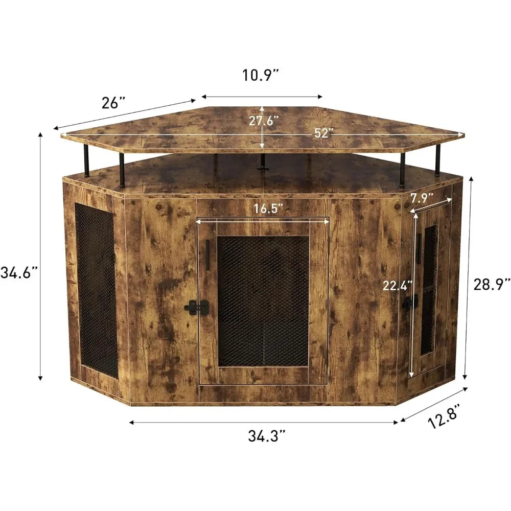 Corner Dog Crate with Cushion-52" L Furniture Style Wooden Dog Kennel -,Indoor Dog House with Storage Shelf