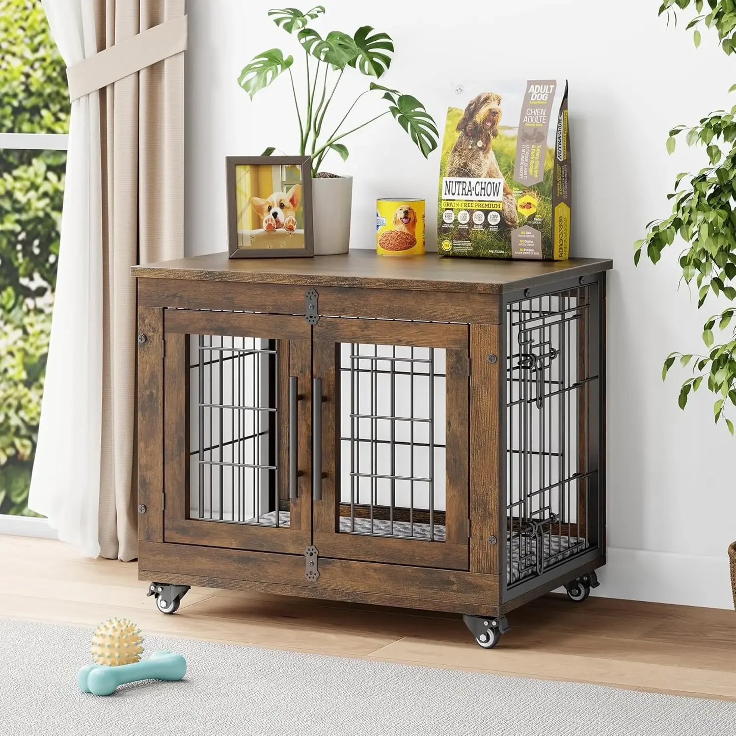 Dogs Crate Furniture with Cushion- Wooden Dogs Kennel Indoor with Double Doors- Wheels-Dog House Side End Table